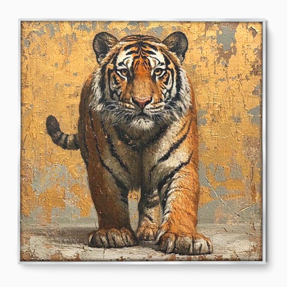 Tablou canvas cu tablou canvas cu tigru pe fundal auriu, in rama de aluminiu argintiu